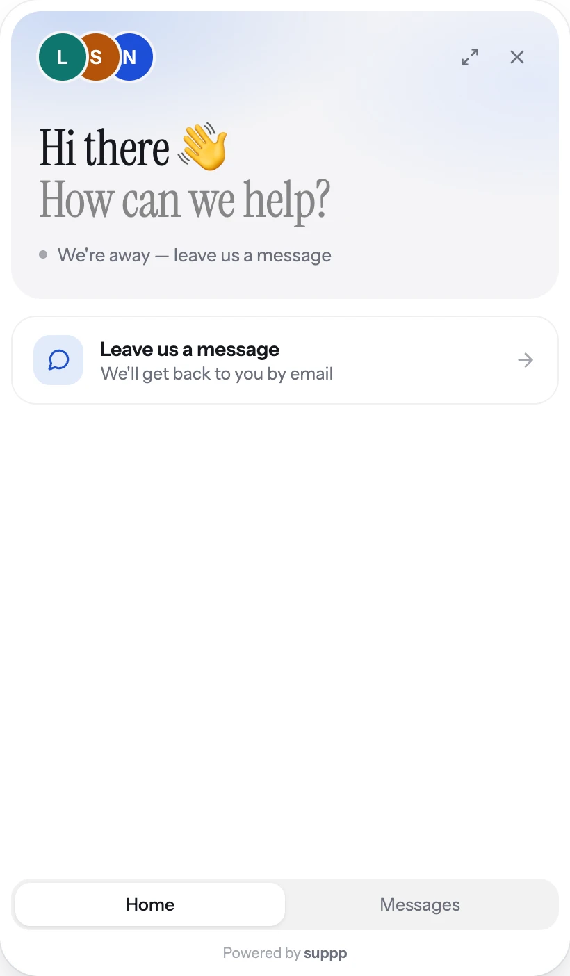 The suppp chat widget outside business hours, offering to leave a message