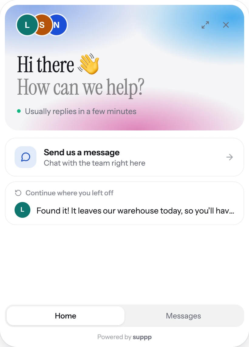 The suppp chat widget's home screen as a website visitor sees it